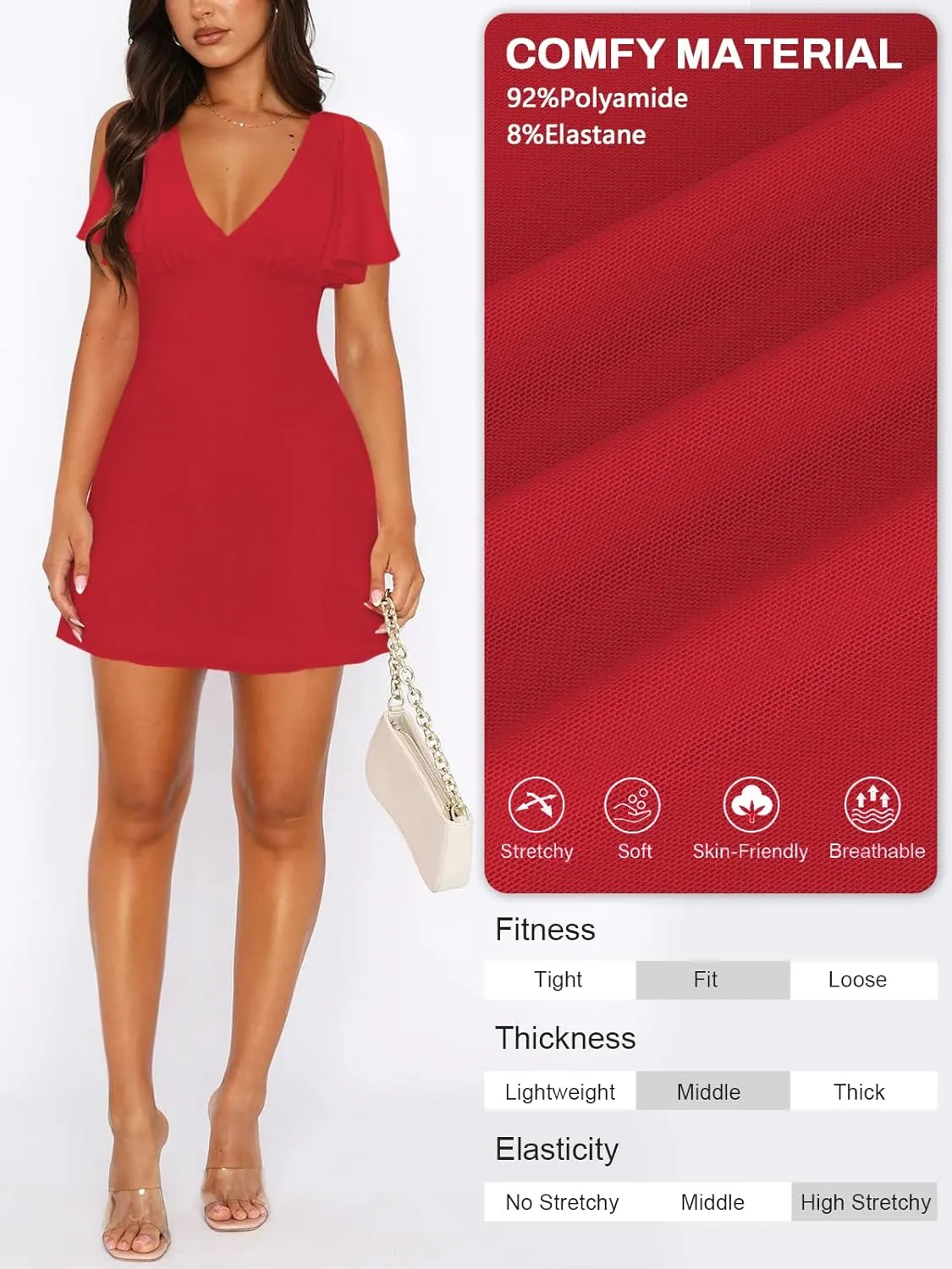 Women's Sexy Deep V-Neck Ruffle Sleeve Mini Dresses Summer Casual Bodycon Beach Cocktail Party Club Short Dress