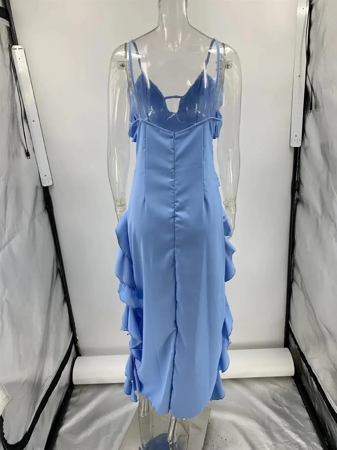 Women's Spaghetti Strap Dress Summer Solid V-neck Backless Irregular Slip Beach Sundress