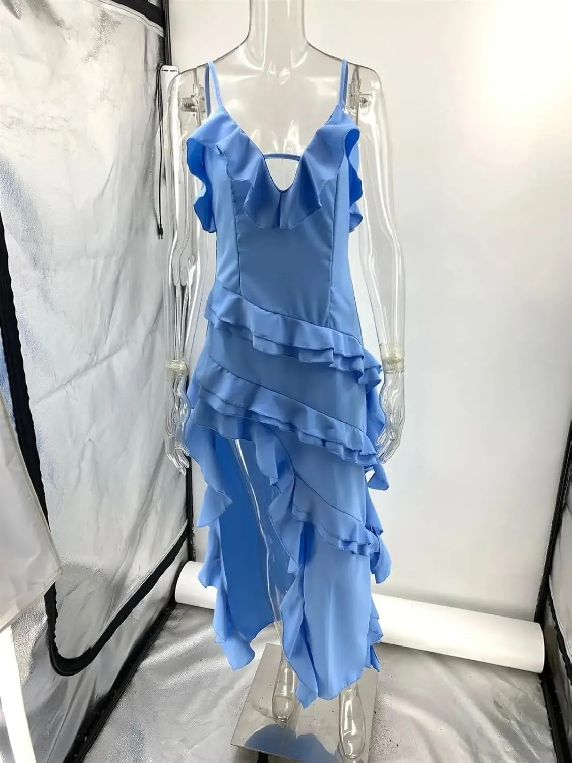 Women's Spaghetti Strap Dress Summer Solid V-neck Backless Irregular Slip Beach Sundress