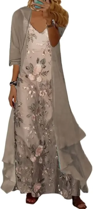 Women's Spring Floral Print Wedding Guest Dress 2 Piece Set with Chiffon Cardigan Elegant Flowy Maxi Dresses