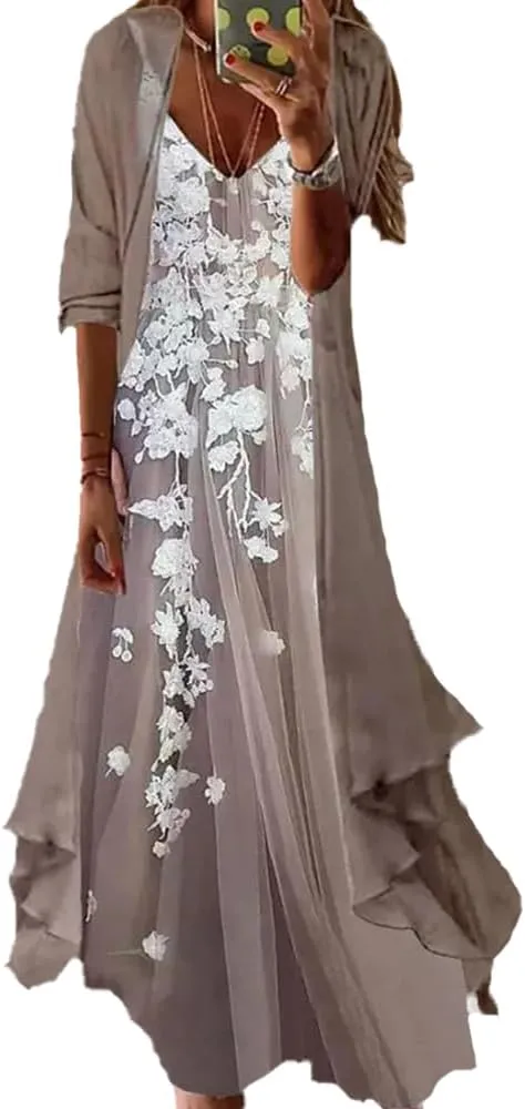 Women's Spring Floral Print Wedding Guest Dress 2 Piece Set with Chiffon Cardigan Elegant Flowy Maxi Dresses