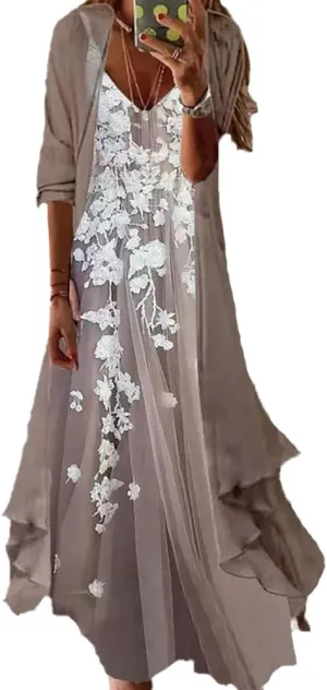 Women's Spring Floral Print Wedding Guest Dress 2 Piece Set with Chiffon Cardigan Elegant Flowy Maxi Dresses