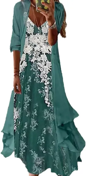 Women's Spring Floral Print Wedding Guest Dress 2 Piece Set with Chiffon Cardigan Elegant Flowy Maxi Dresses