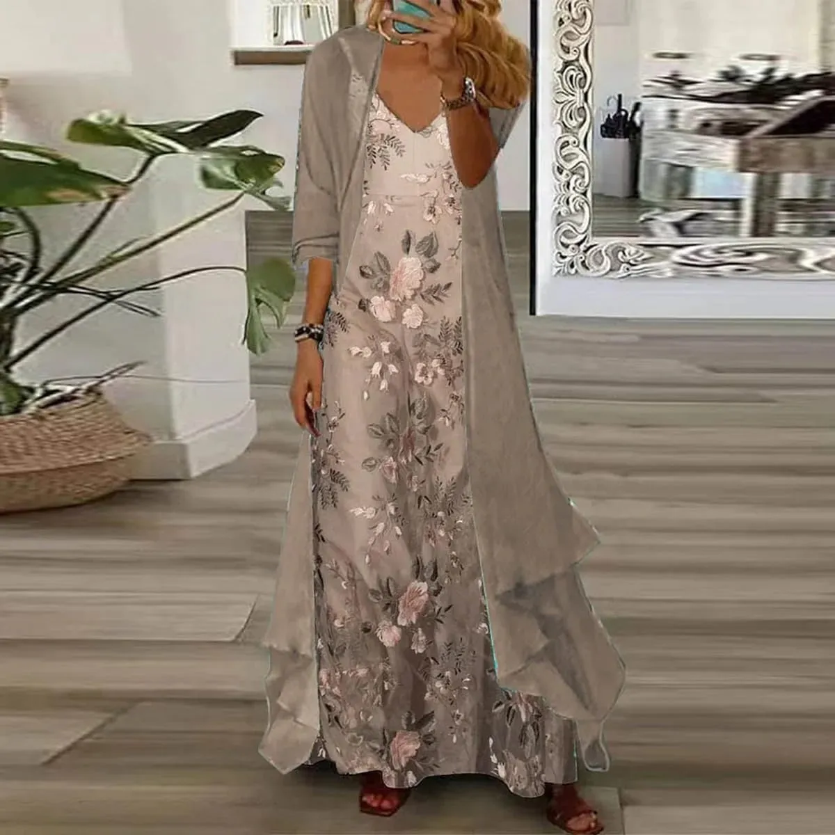 Women's Spring Floral Print Wedding Guest Dress 2 Piece Set with Chiffon Cardigan Elegant Flowy Maxi Dresses