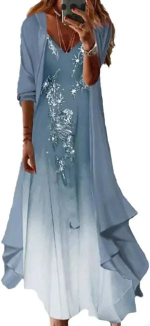 Women's Spring Floral Print Wedding Guest Dress 2 Piece Set with Chiffon Cardigan Elegant Flowy Maxi Dresses