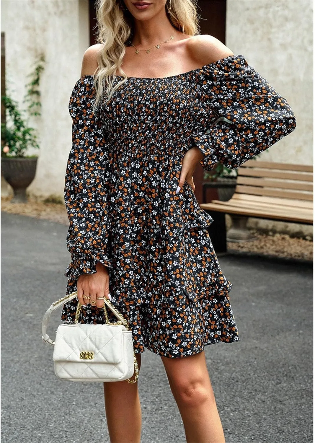 Women's Square Neck Ruffle Dress Long Sleeve Floral Tiered Dress High Waist Casual Swing Mini Dresses