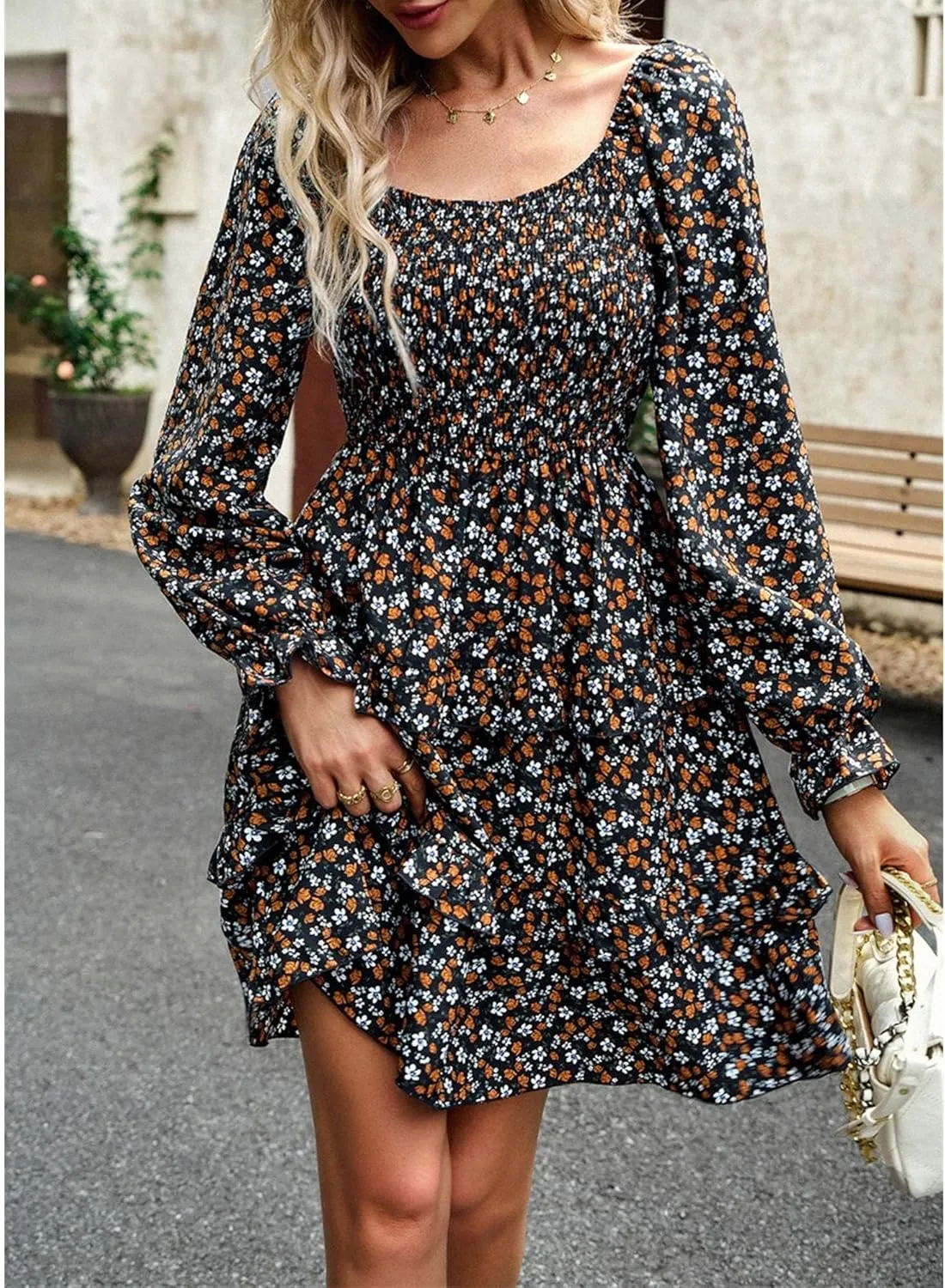 Women's Square Neck Ruffle Dress Long Sleeve Floral Tiered Dress High Waist Casual Swing Mini Dresses
