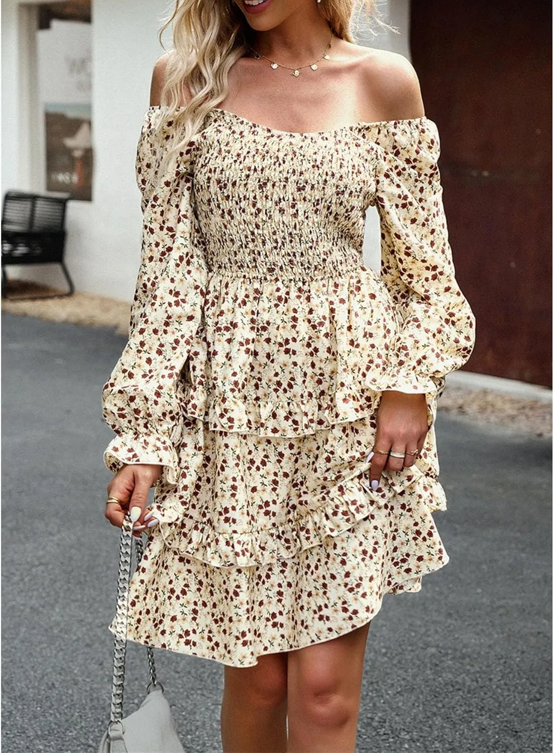 Women's Square Neck Ruffle Dress Long Sleeve Floral Tiered Dress High Waist Casual Swing Mini Dresses