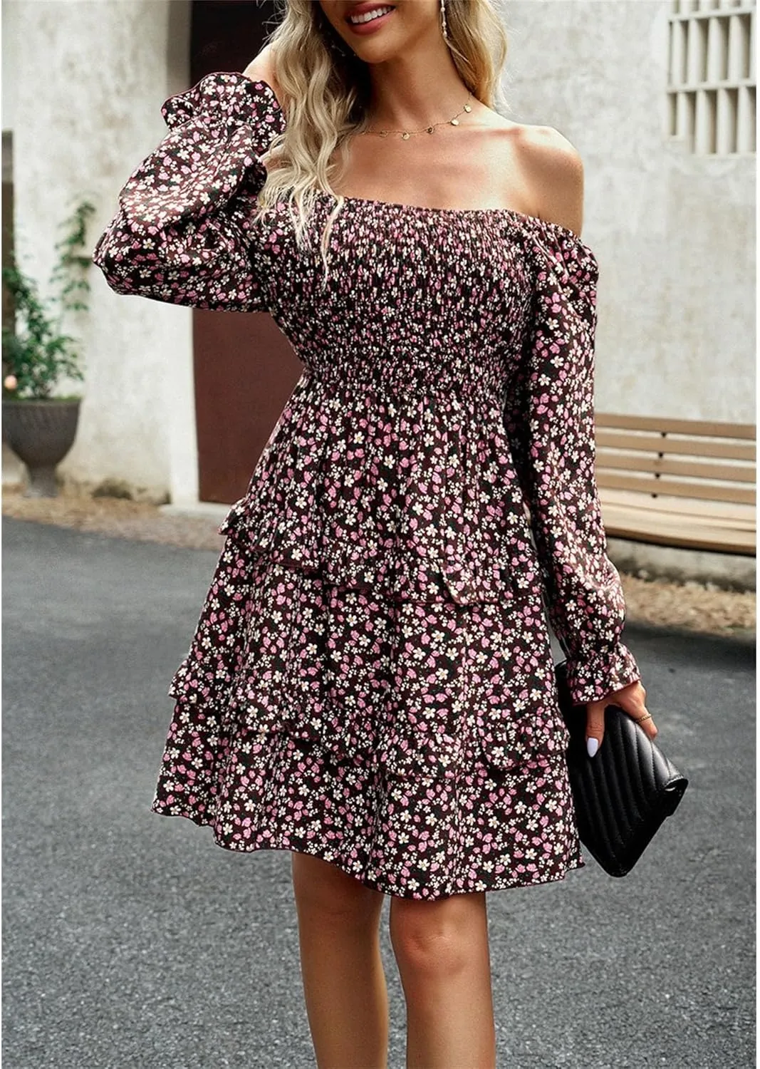 Women's Square Neck Ruffle Dress Long Sleeve Floral Tiered Dress High Waist Casual Swing Mini Dresses