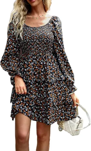 Women's Square Neck Ruffle Dress Long Sleeve Floral Tiered Dress High Waist Casual Swing Mini Dresses