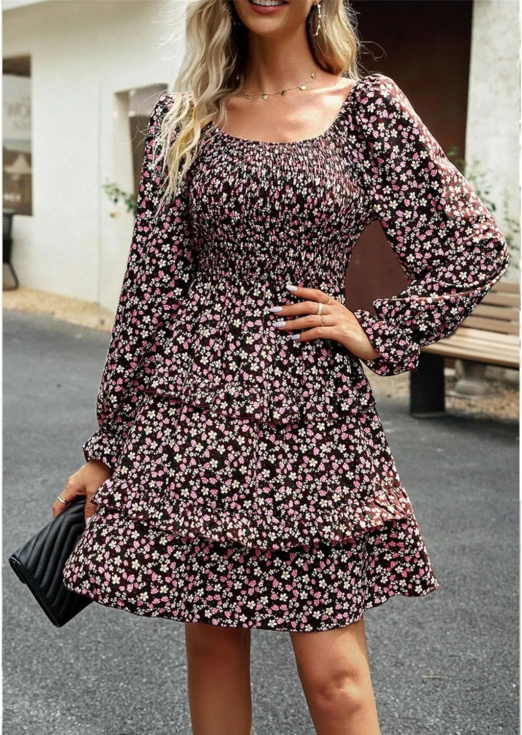 Women's Square Neck Ruffle Dress Long Sleeve Floral Tiered Dress High Waist Casual Swing Mini Dresses