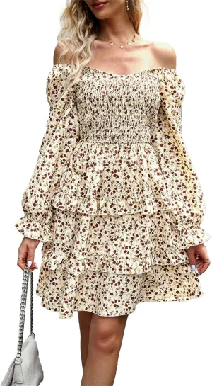 Women's Square Neck Ruffle Dress Long Sleeve Floral Tiered Dress High Waist Casual Swing Mini Dresses