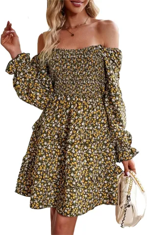 Women's Square Neck Ruffle Dress Long Sleeve Floral Tiered Dress High Waist Casual Swing Mini Dresses