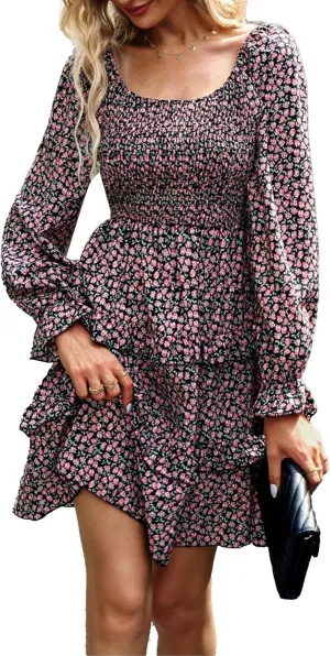Women's Square Neck Ruffle Dress Long Sleeve Floral Tiered Dress High Waist Casual Swing Mini Dresses