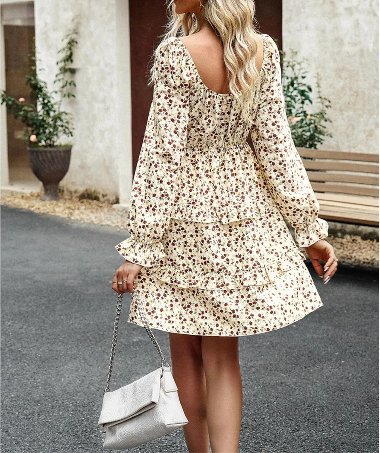 Women's Square Neck Ruffle Dress Long Sleeve Floral Tiered Dress High Waist Casual Swing Mini Dresses