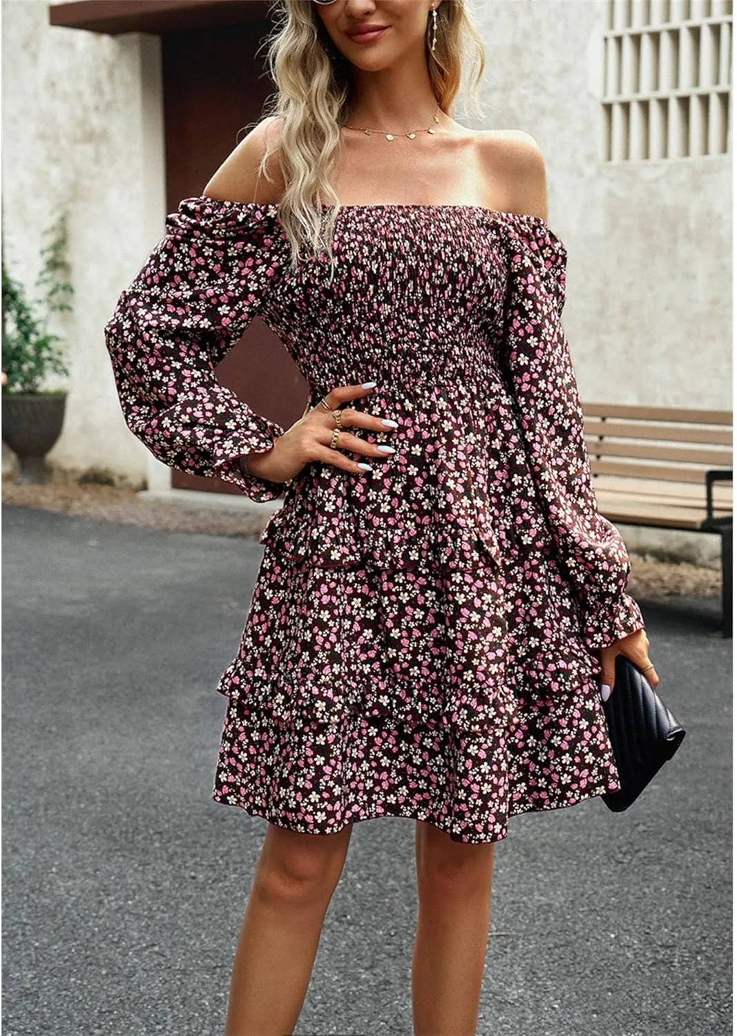 Women's Square Neck Ruffle Dress Long Sleeve Floral Tiered Dress High Waist Casual Swing Mini Dresses