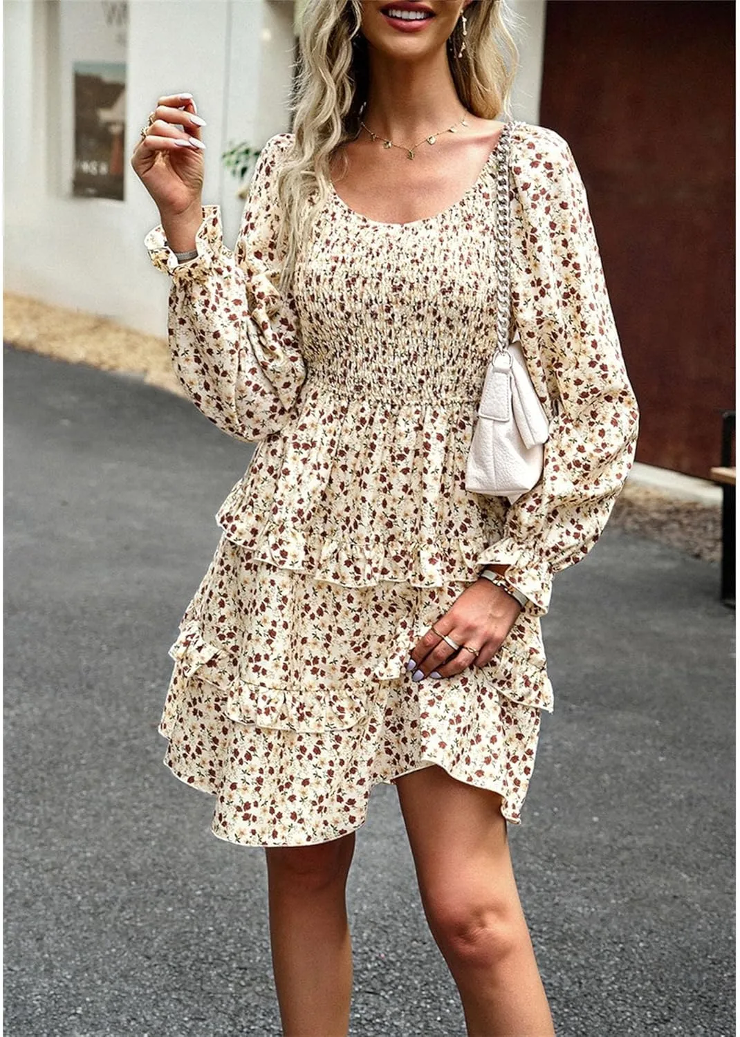 Women's Square Neck Ruffle Dress Long Sleeve Floral Tiered Dress High Waist Casual Swing Mini Dresses