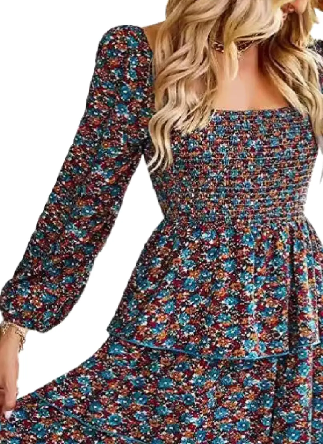 Womens Square Neck Smocked Dresses 2025 Summer Long Sleeve Floral Print Mini Ruffle Trim Dress Boho Wedding Guest Dress