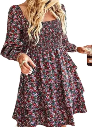 Womens Square Neck Smocked Dresses 2025 Summer Long Sleeve Floral Print Mini Ruffle Trim Dress Boho Wedding Guest Dress
