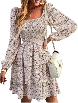 Womens Square Neck Smocked Dresses 2025 Summer Long Sleeve Floral Print Mini Ruffle Trim Dress Boho Wedding Guest Dress