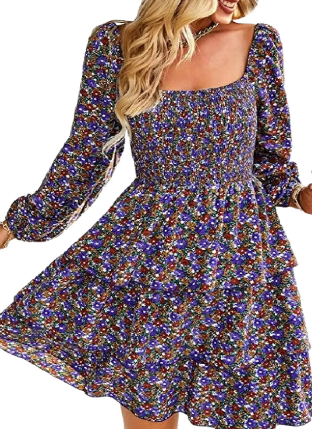 Womens Square Neck Smocked Dresses 2025 Summer Long Sleeve Floral Print Mini Ruffle Trim Dress Boho Wedding Guest Dress