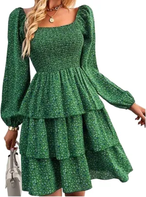 Womens Square Neck Smocked Dresses 2025 Summer Long Sleeve Floral Print Mini Ruffle Trim Dress Boho Wedding Guest Dress
