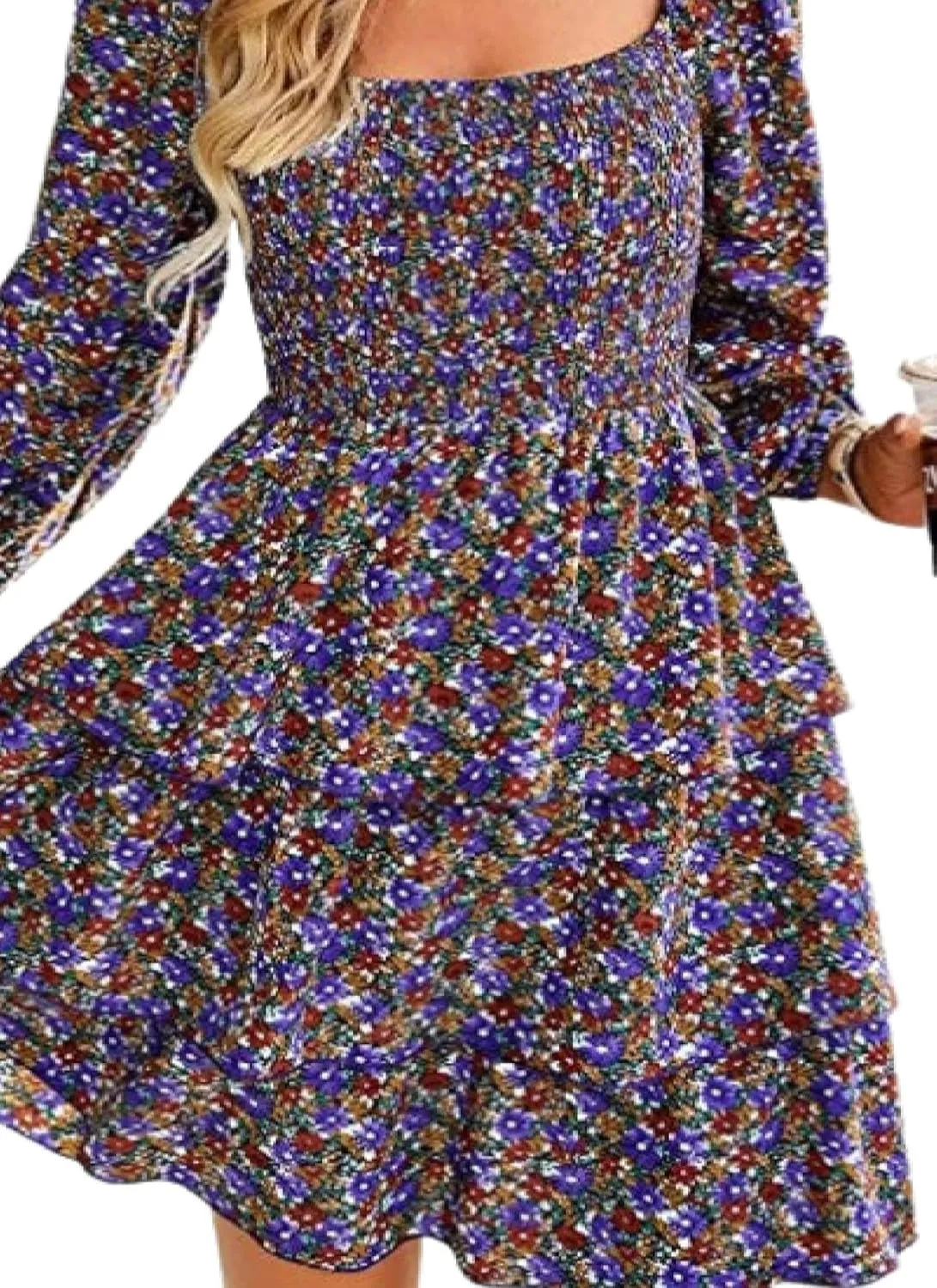 Womens Square Neck Smocked Dresses 2025 Summer Long Sleeve Floral Print Mini Ruffle Trim Dress Boho Wedding Guest Dress