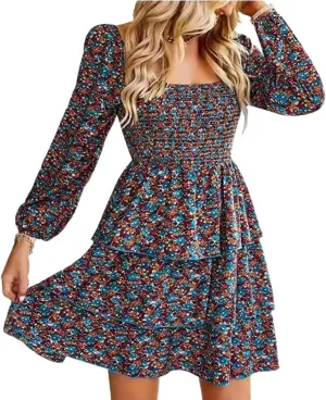 Womens Square Neck Smocked Dresses 2025 Summer Long Sleeve Floral Print Mini Ruffle Trim Dress Boho Wedding Guest Dress