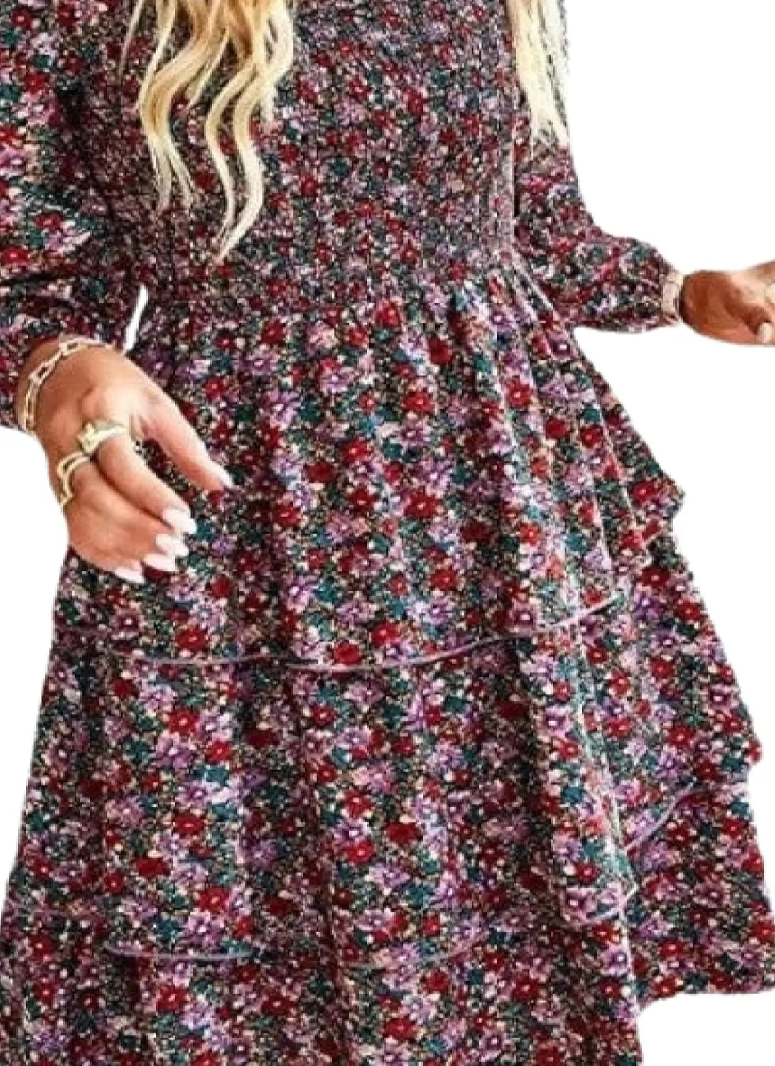 Womens Square Neck Smocked Dresses 2025 Summer Long Sleeve Floral Print Mini Ruffle Trim Dress Boho Wedding Guest Dress
