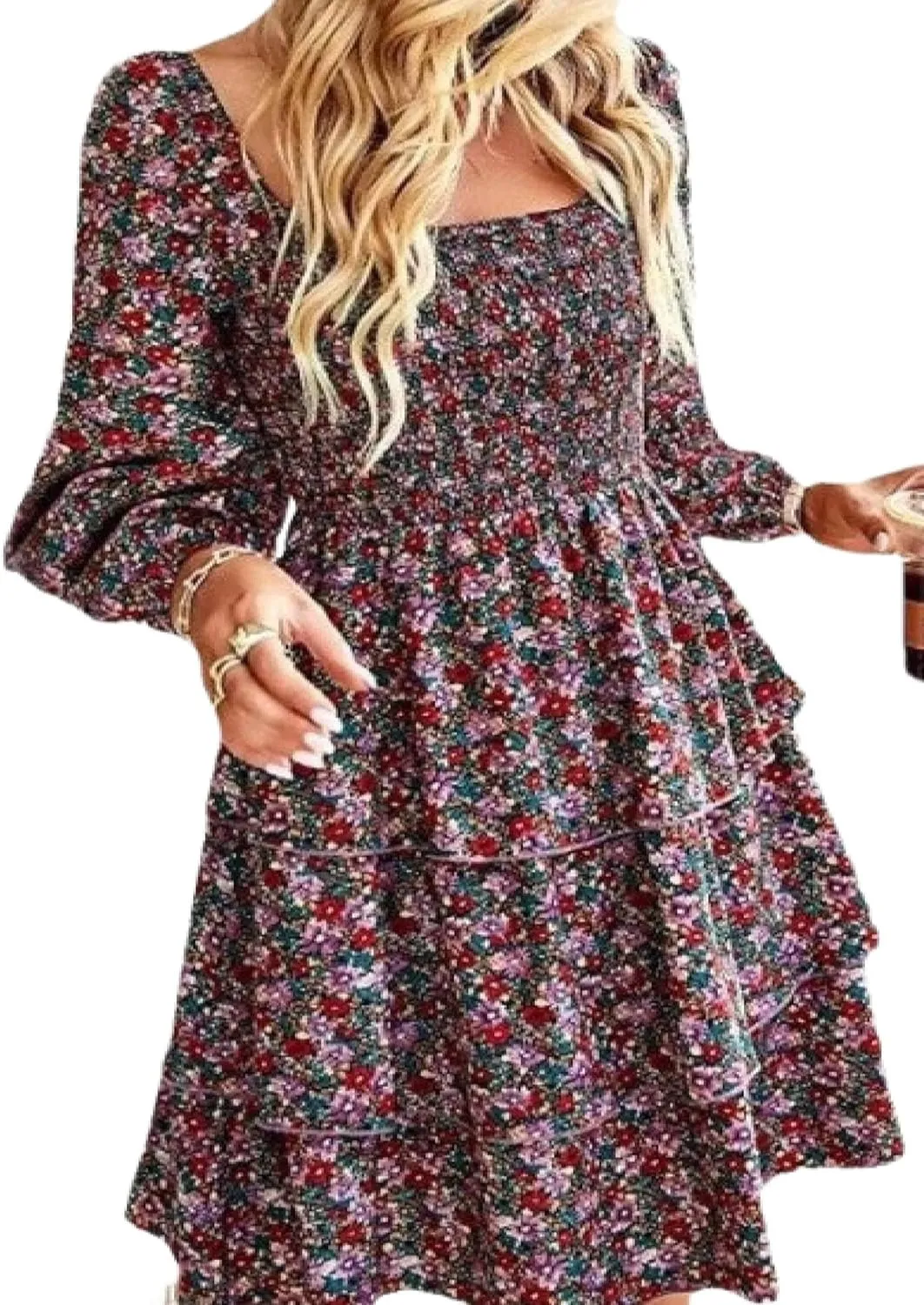Womens Square Neck Smocked Dresses 2025 Summer Long Sleeve Floral Print Mini Ruffle Trim Dress Boho Wedding Guest Dress