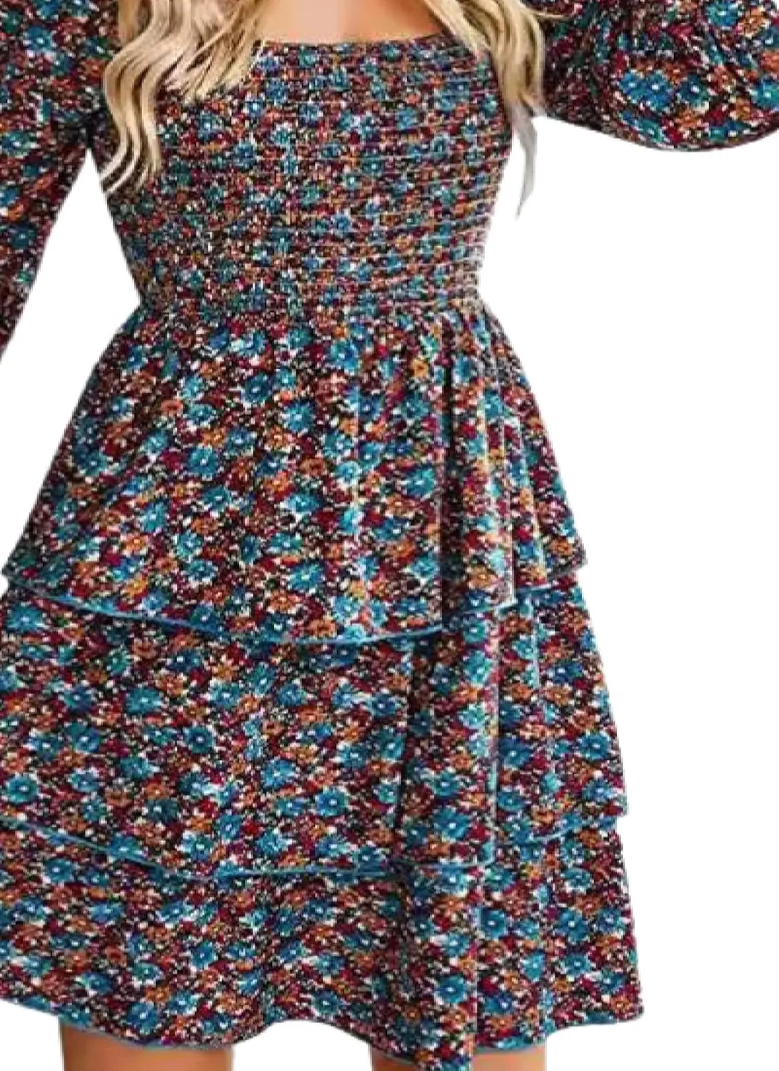 Womens Square Neck Smocked Dresses 2025 Summer Long Sleeve Floral Print Mini Ruffle Trim Dress Boho Wedding Guest Dress
