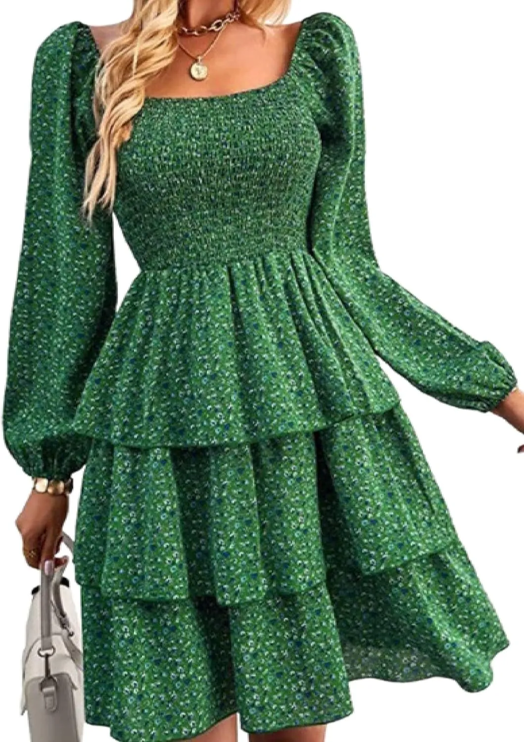 Womens Square Neck Smocked Dresses 2025 Summer Long Sleeve Floral Print Mini Ruffle Trim Dress Boho Wedding Guest Dress