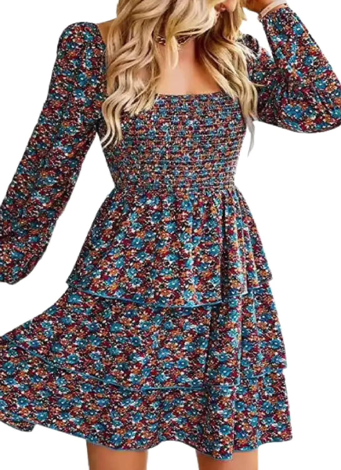 Womens Square Neck Smocked Dresses 2025 Summer Long Sleeve Floral Print Mini Ruffle Trim Dress Boho Wedding Guest Dress