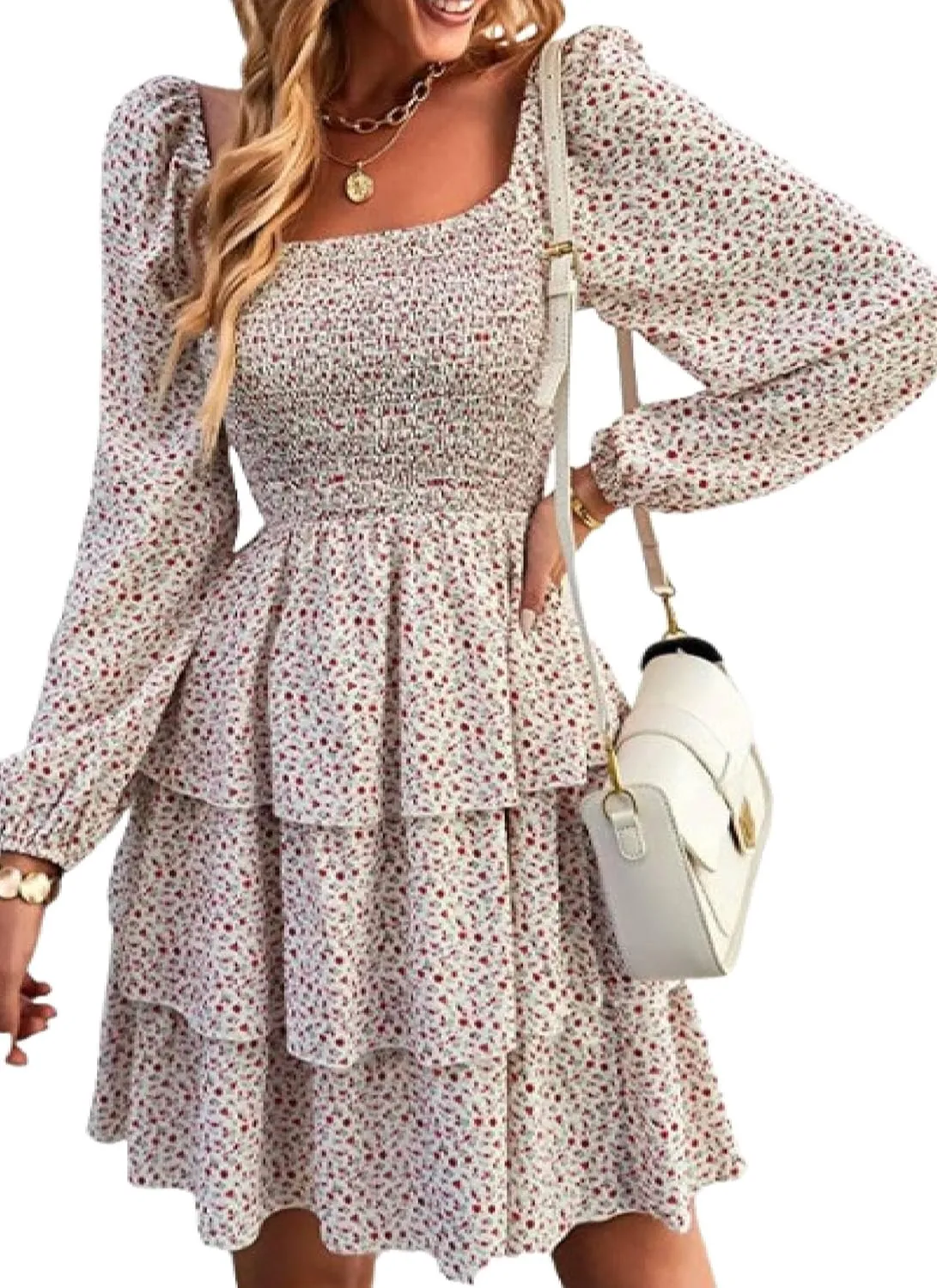Womens Square Neck Smocked Dresses 2025 Summer Long Sleeve Floral Print Mini Ruffle Trim Dress Boho Wedding Guest Dress