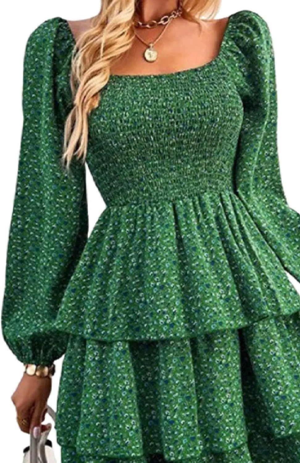Womens Square Neck Smocked Dresses 2025 Summer Long Sleeve Floral Print Mini Ruffle Trim Dress Boho Wedding Guest Dress