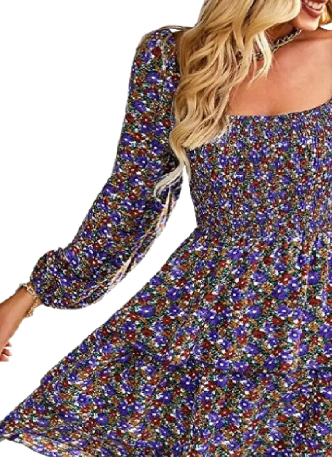 Womens Square Neck Smocked Dresses 2025 Summer Long Sleeve Floral Print Mini Ruffle Trim Dress Boho Wedding Guest Dress