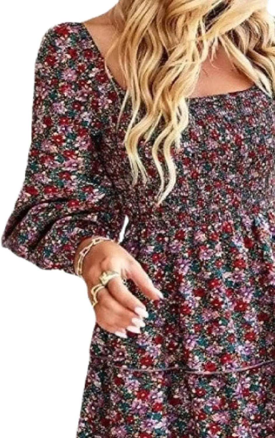 Womens Square Neck Smocked Dresses 2025 Summer Long Sleeve Floral Print Mini Ruffle Trim Dress Boho Wedding Guest Dress