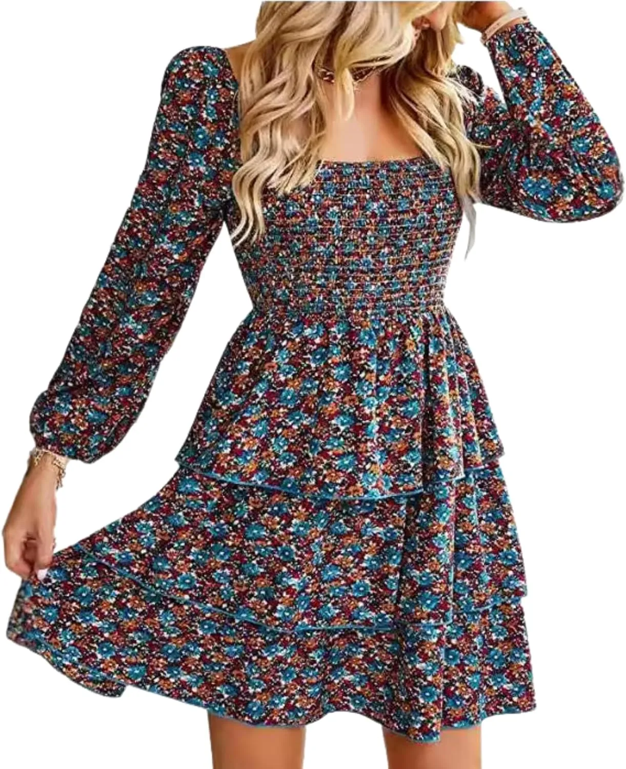 Womens Square Neck Smocked Dresses 2025 Summer Long Sleeve Floral Print Mini Ruffle Trim Dress Boho Wedding Guest Dress