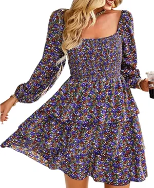 Womens Square Neck Smocked Dresses 2025 Summer Long Sleeve Floral Print Mini Ruffle Trim Dress Boho Wedding Guest Dress