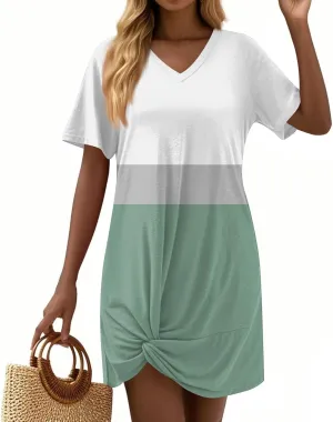 Womens Summer 2025 Casual Basic Dresses Lightweight Short Sleeve Round Neck Elastic Waist Boho Beach Dress