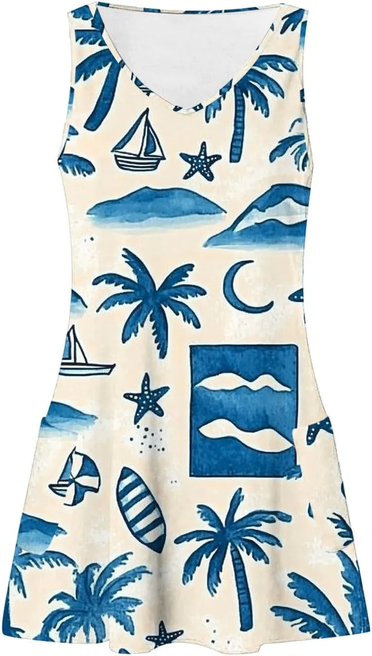 Womens Summer Beach Dress Sleeveless Tropical Floral Boho Sundress Swimsuit Coverup Tank Dresses for Travel Vacation