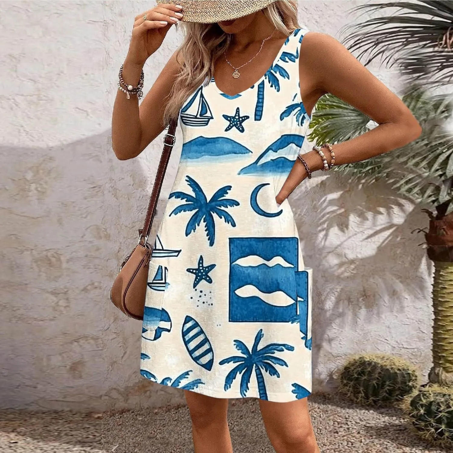 Womens Summer Beach Dress Sleeveless Tropical Floral Boho Sundress Swimsuit Coverup Tank Dresses for Travel Vacation