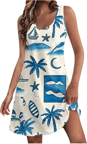 Womens Summer Beach Dress Sleeveless Tropical Floral Boho Sundress Swimsuit Coverup Tank Dresses for Travel Vacation