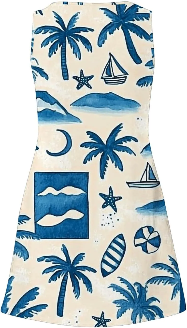 Womens Summer Beach Dress Sleeveless Tropical Floral Boho Sundress Swimsuit Coverup Tank Dresses for Travel Vacation