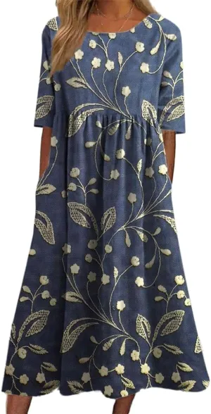 Women's Summer Boho Floral Maxi Dresses Casual Loose Vacation Short Sleeve Flowy Beach Tshirt Dress with Pockets