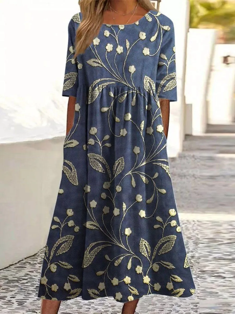 Women's Summer Boho Floral Maxi Dresses Casual Loose Vacation Short Sleeve Flowy Beach Tshirt Dress with Pockets