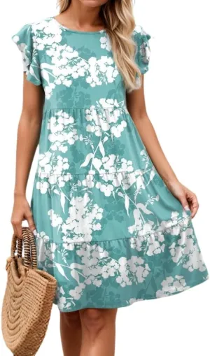 Womens Summer Boho Floral Print Ruffle Cap Sleeve Mini Dresses Crew Neck Flowy Beach Vacation Casual Loose Dress