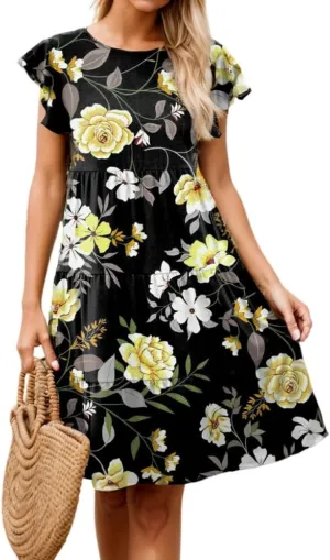 Womens Summer Boho Floral Print Ruffle Cap Sleeve Mini Dresses Crew Neck Flowy Beach Vacation Casual Loose Dress