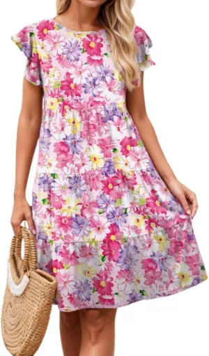 Womens Summer Boho Floral Print Ruffle Cap Sleeve Mini Dresses Crew Neck Flowy Beach Vacation Casual Loose Dress