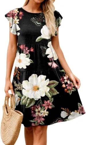 Womens Summer Boho Floral Print Ruffle Cap Sleeve Mini Dresses Crew Neck Flowy Beach Vacation Casual Loose Dress